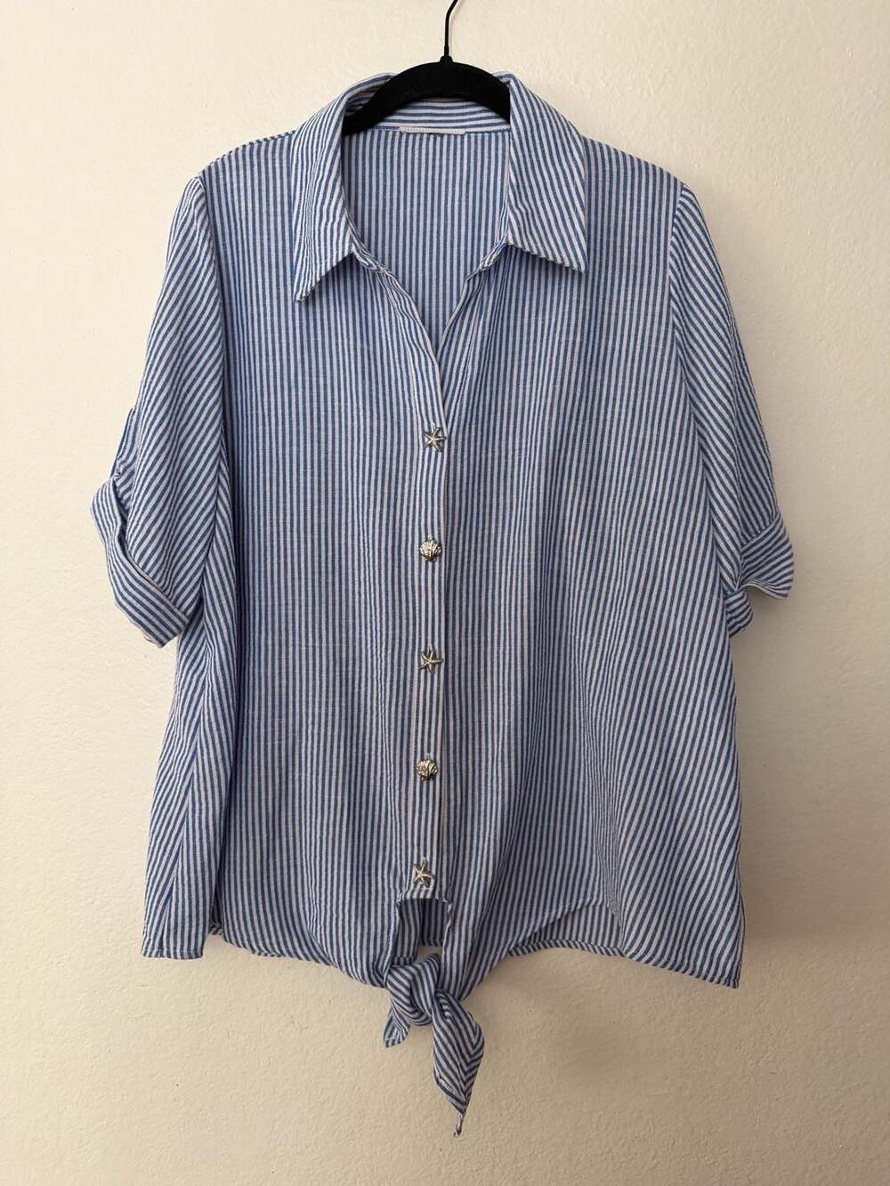 Striped Short Sleeve Tie Hem Button Front Shirt with Shell and Starfish Buttons